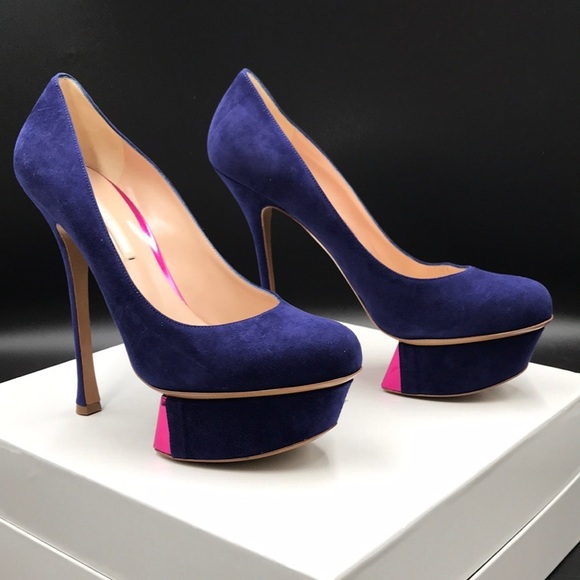 NICHOLAS KIRKWOOD Helmut Navy Suede, Metallic Fuchsia, 5.5"Heel Luxury NWT US 8 - Picture 3 of 16
